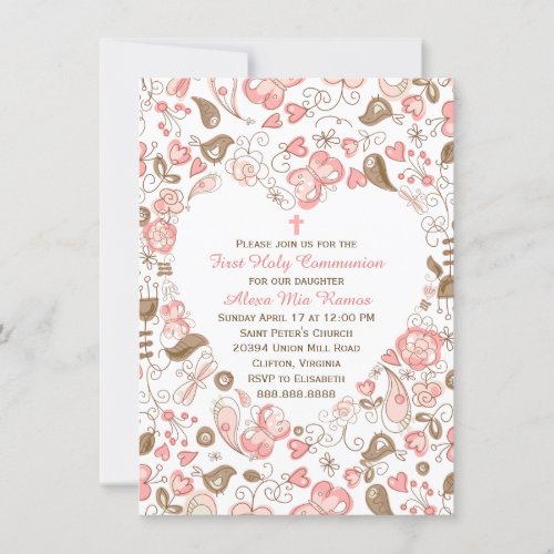 Girls Pink Heart Floral First Communion Invitation