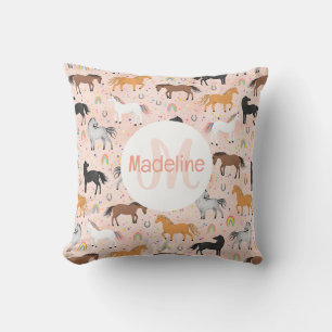 Girls Pink Horse Unicorn Rainbow Kids Monogrammed Throw Pillow