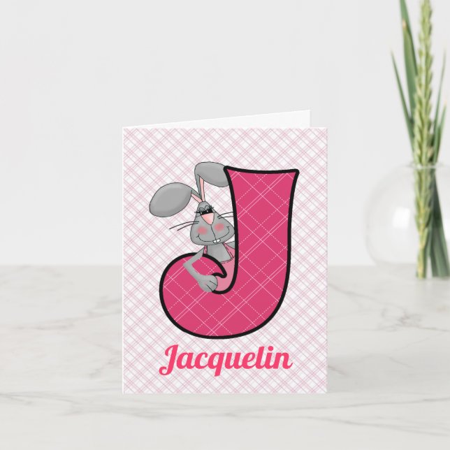 GIrls Pink Jackrabbit Monogrammed Letter J Blank Note Card (Front)