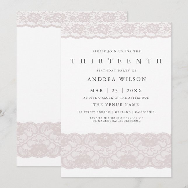 Girls Pink Lace 13th birthday Party Invite (Front/Back)