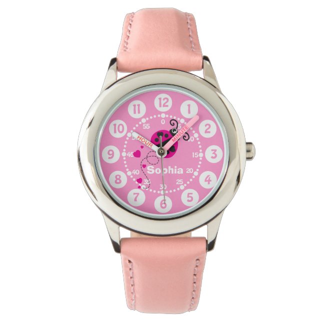 Girls pink ladybug heart white name wrist watch (Front)