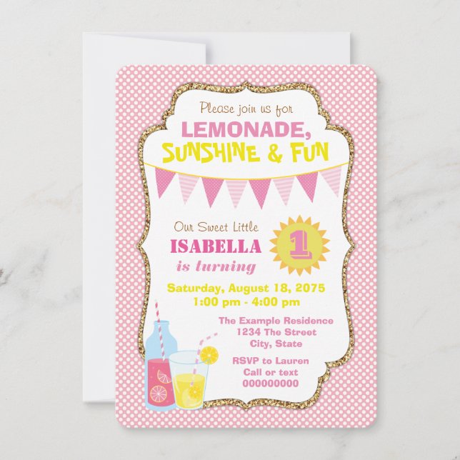 Girls Pink Lemonade Birthday Party Invitation (Front)