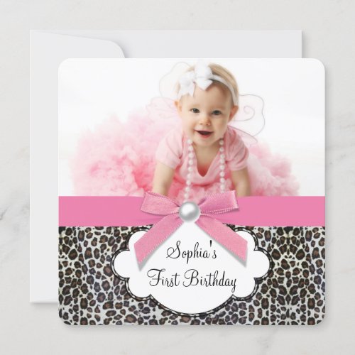 Pink Leopard Girls Photo 1st Birthday Party Custom Announcement