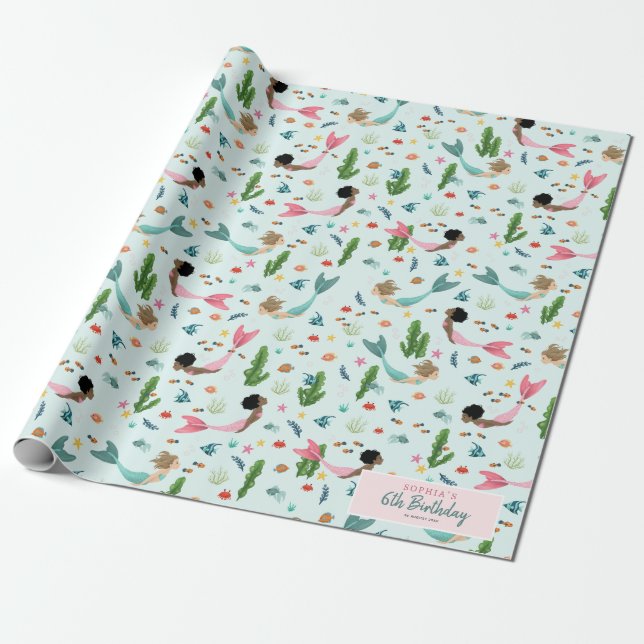 Girls Pink Magical Cute Under the Sea Birthday Wrapping Paper (Unrolled)