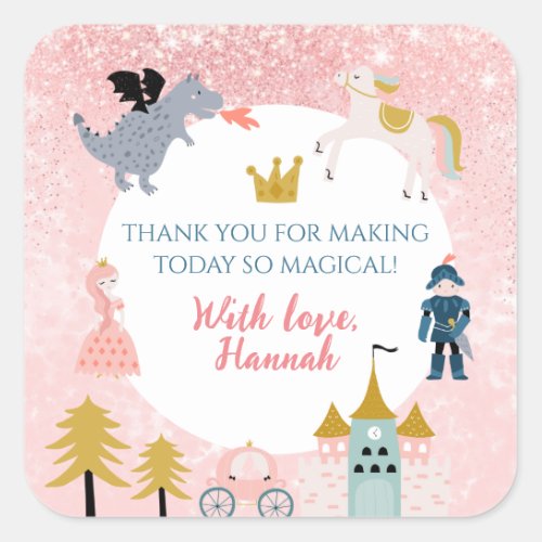 Girls Pink Magical Princess Birthday Thank You Square Sticker