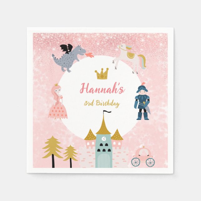 Girls Pink Magical Princess Castle Birthday Napkins (Front)