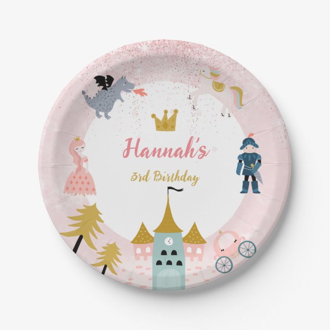 Girls Pink Magical Princess Castle Birthday Paper Plates (Front)