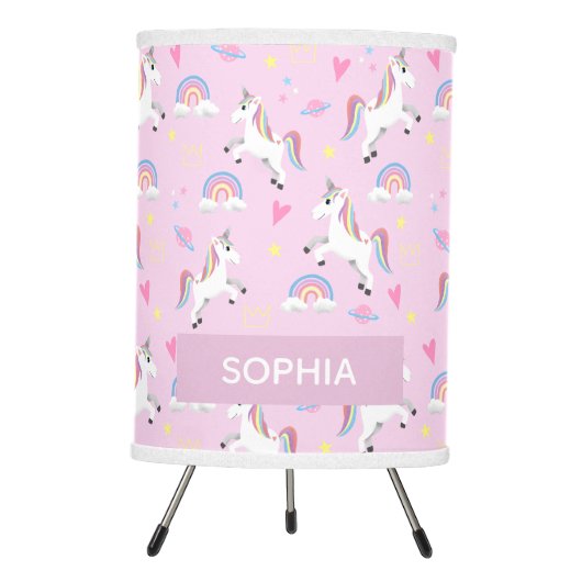 Girls Pink Magical Unicorn Pattern Kids Nursery Tripod Lamp (Front)