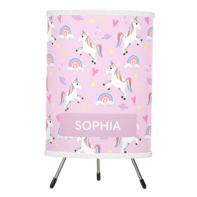 Girls Pink Magical Unicorn Pattern Kids Nursery Tripod Lamp (Front)