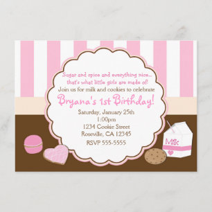 Girls Pink Milk Cookies Birthday Party Invitations