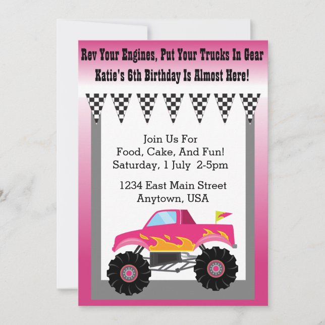 Girls Pink Monster Truck Party Invitation (Front)