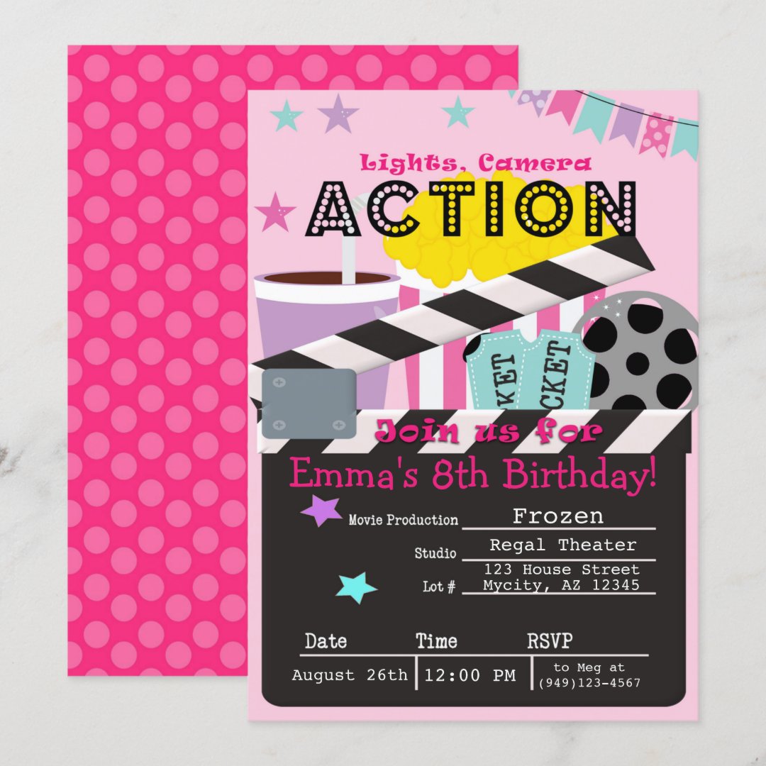 Girl's Pink Movie Theatre Party Birthday Invitation | Zazzle