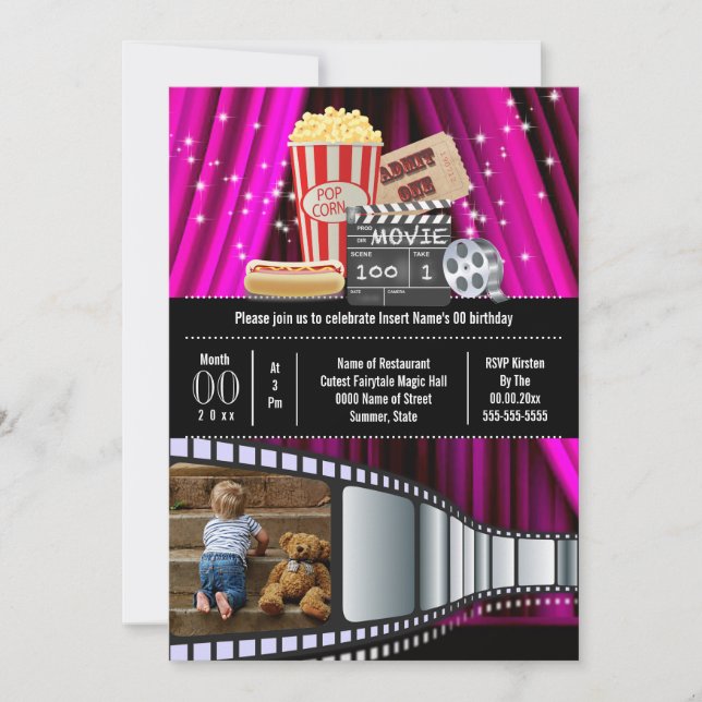 Girls pink movie theme birthday party photo invitation (Front)