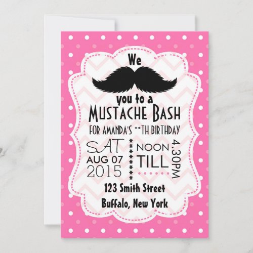 Girls Pink Mustache Party Invitation