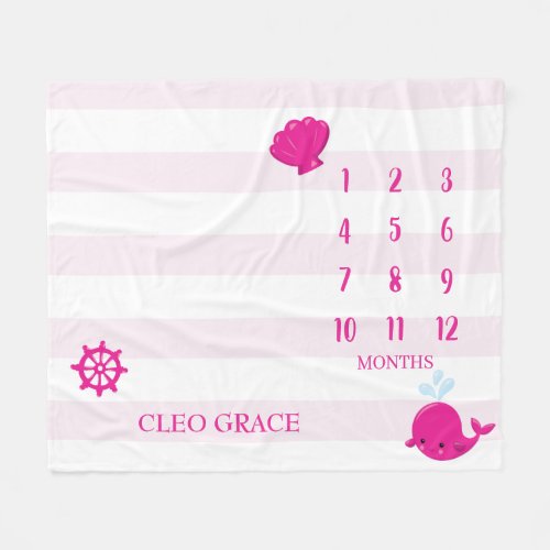 Girls Pink Nautical Baby Monthly Milestone Chart Fleece Blanket