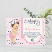 Girls Pink Navy Blue Nautical Baby Shower Invitation (Standing Front)