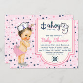 Girls Pink Navy Blue Nautical Baby Shower Invitation (Front/Back)