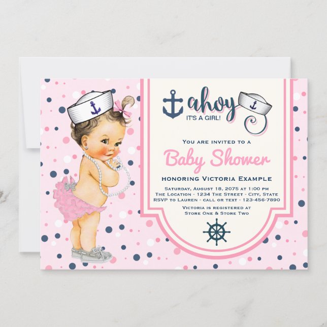 Girls Pink Navy Blue Nautical Baby Shower Invitation (Front)