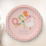 Girls Pink One Silly Goose First Birthday Paper Plates<br><div class="desc">This cute and whimsical girls 1st birthday paper plate design features one silly goose with a pink party hat and summer flower,  with matching pink gingham,  and can be personalized with your child’s name in cute typography. The perfect colorful and fun farm design for your little one's first birthday!</div>
