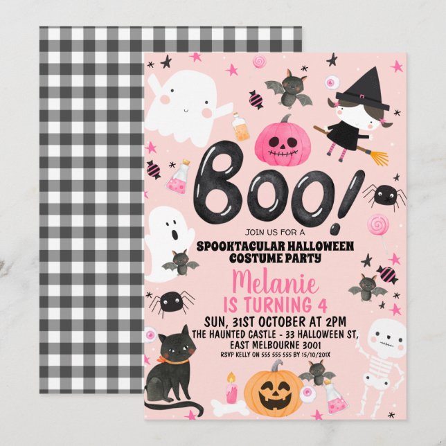 Girls Pink Orange Black Boo Halloween Birthday Invitation (Front/Back)