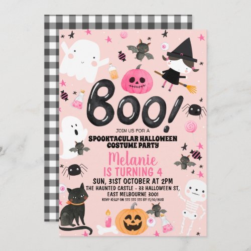 Girls Pink Orange Black Boo Halloween Birthday Invitation