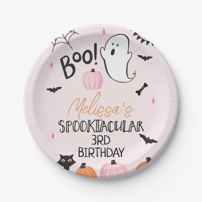 Girls Pink Orange Black Boo Halloween Birthday  Paper Plates (Front)