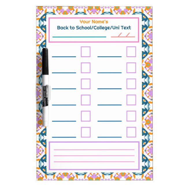Girl's Pink Orange Blue Back to School Checklist Dry Erase Board (Front)