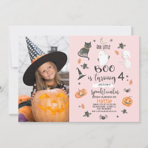 Girls Pink Orange Gray Photo Halloween Birthday  Invitation