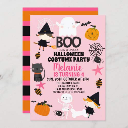 Girls Pink Orange Halloween Birthday Invitation