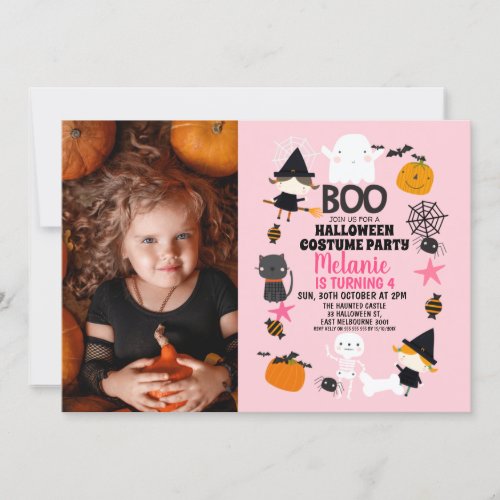 Girls Pink Orange Halloween Photo Birthday Invitation