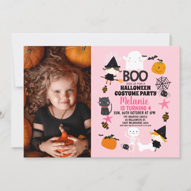 Girls Pink Orange Halloween Photo Birthday Invitation (Front)