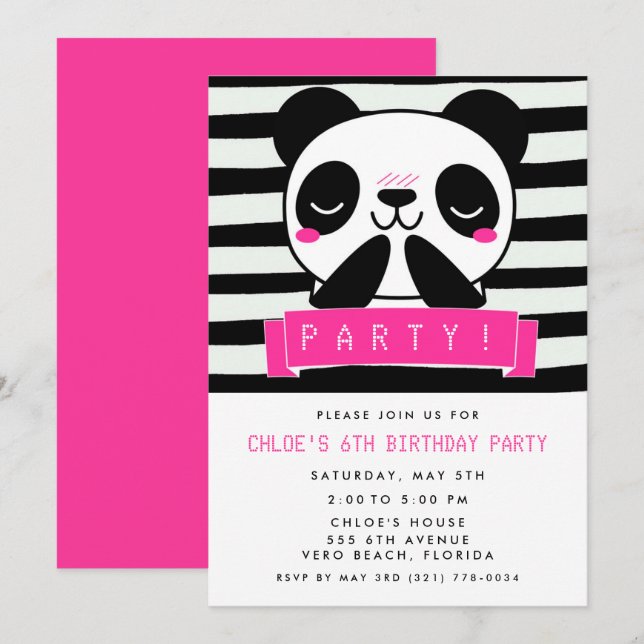 Girl's Pink Panda 6th Birthday Party Invitation (Front/Back)