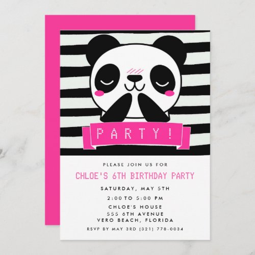 Girls Pink Panda 6th Birthday Party Invitation