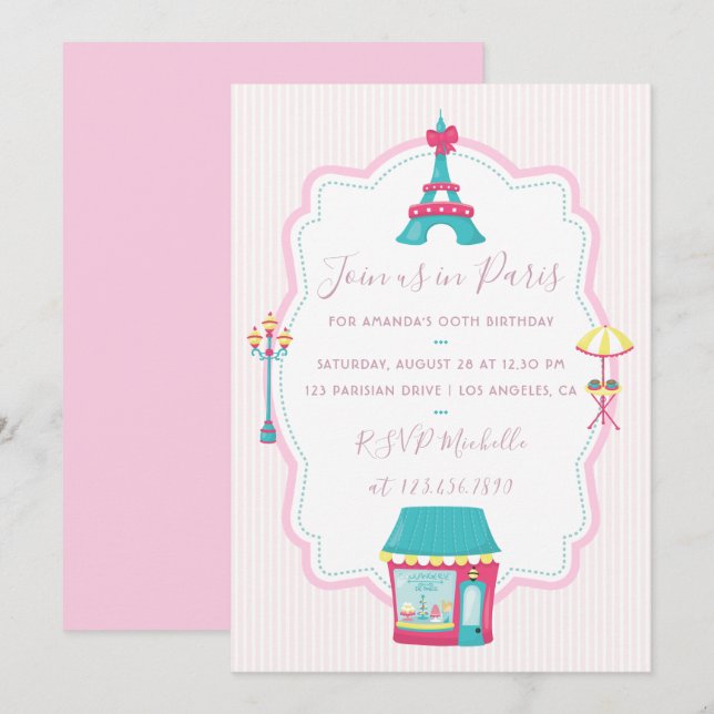 Girl's Pink Paris Theme Birthday Party Invitation (Front/Back)