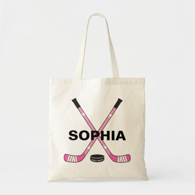 Girls Pink Personalized Custom Name Hockey Sticks Tote Bag (Front)
