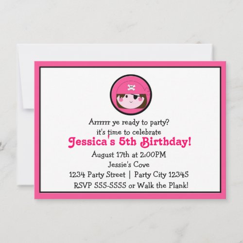 Girls Pink Pirate Brown Hair Birthday Invitation