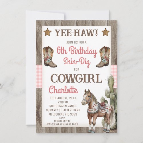 Girls Pink Plaid Horse Cowgirl Birthday Invitation