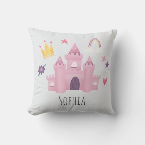 Girls Pink Princess Castle and Crown Kids Nursery Throw Pillow