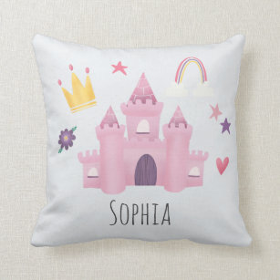 Girls Pink Princess Castle and Crown Kids Nursery Throw Pillow