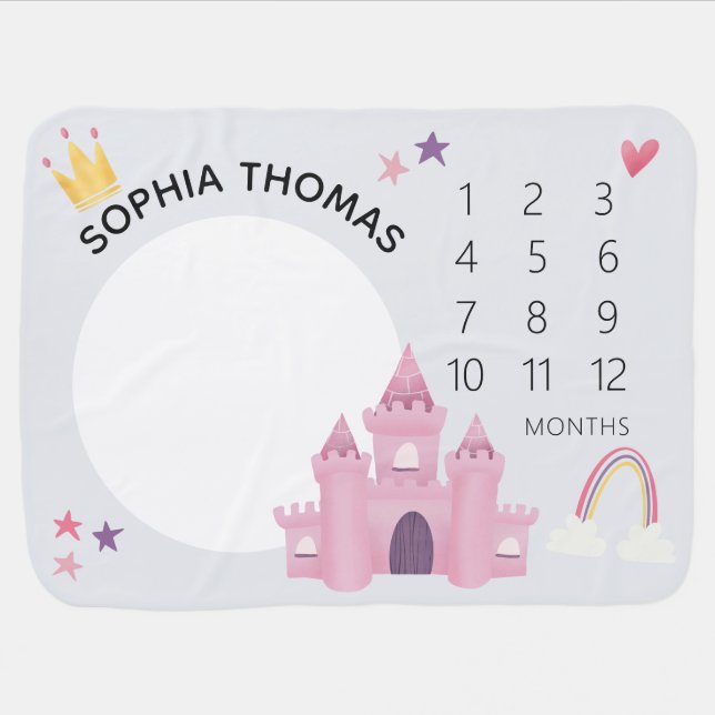Girls Pink Princess Castle and Rainbow Milestone Baby Blanket (Horizontal)