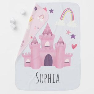 Girls Pink Princess Castle, Rainbow and Crown Baby Blanket