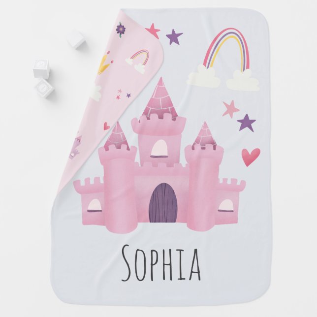 Girls Pink Princess Castle, Rainbow and Crown Baby Blanket (In Situ)