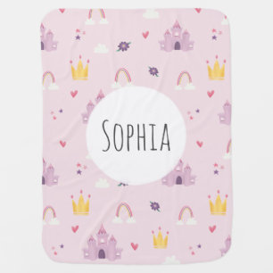 Girls Pink Princess Castle, Rainbow, Crown Pattern Baby Blanket