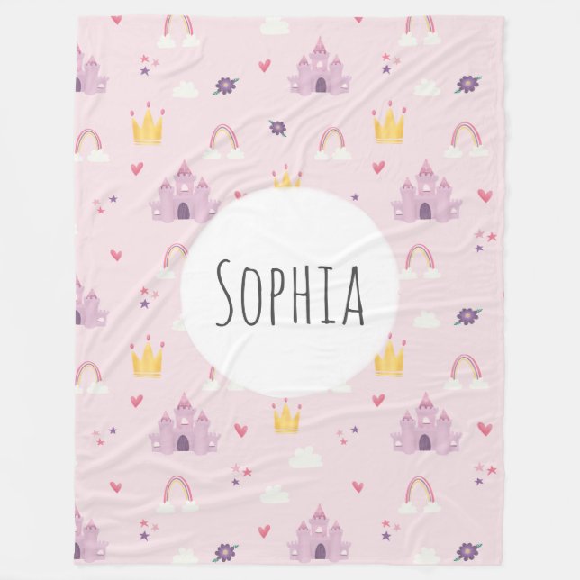 Girls Pink Princess Castle, Rainbow, Crown Pattern Fleece Blanket (Front)