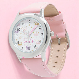 Girls Pink Princess Crown Personalised Watch