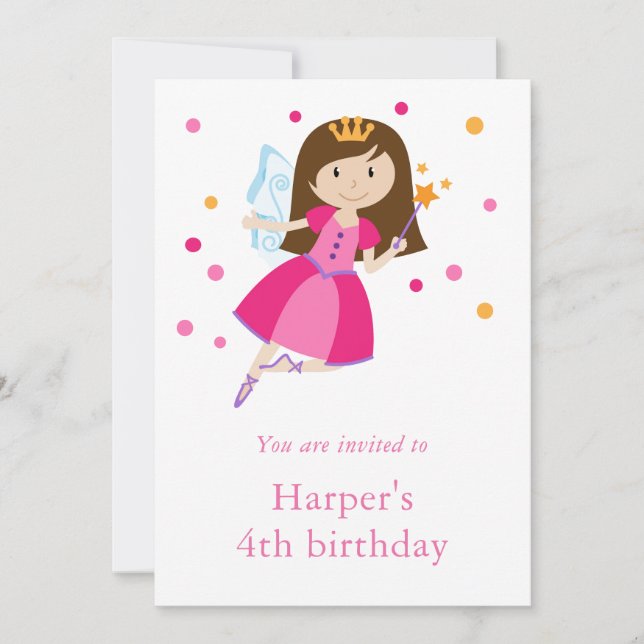 Girl's Pink Princess Fairy 4th Birthday Invitation (Front)