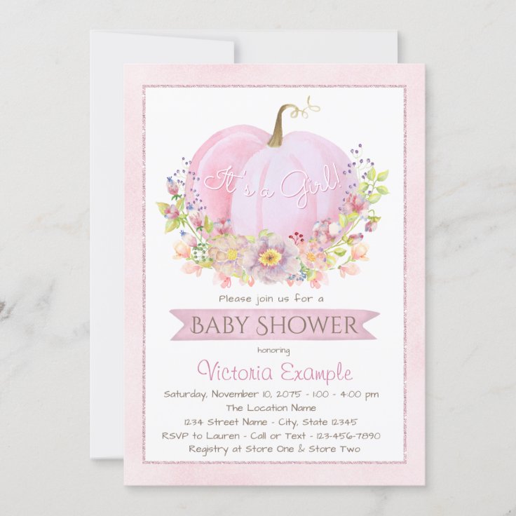 Girls Pink Pumpkin Baby Shower Invitations | Zazzle