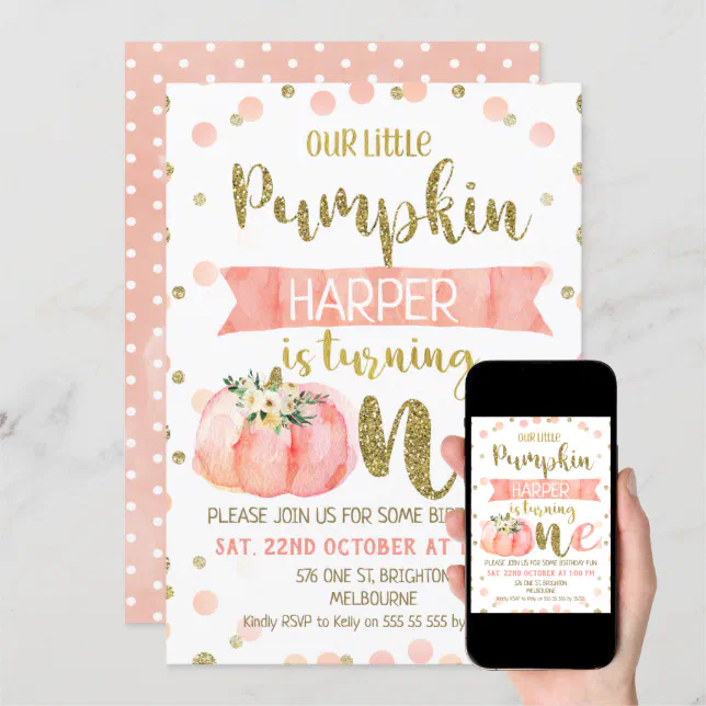 Girls Pink Pumpkin First Birthday Invitation | Zazzle