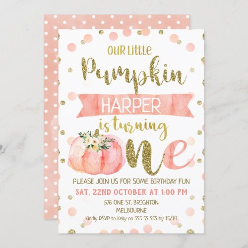 Girls Pink Pumpkin First Birthday Invitation