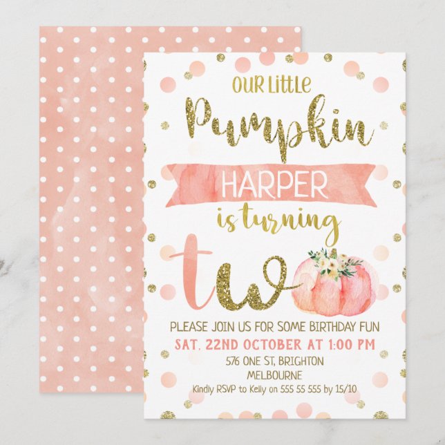 Girls Pink Pumpkin Second Birthday Invitation (Front/Back)